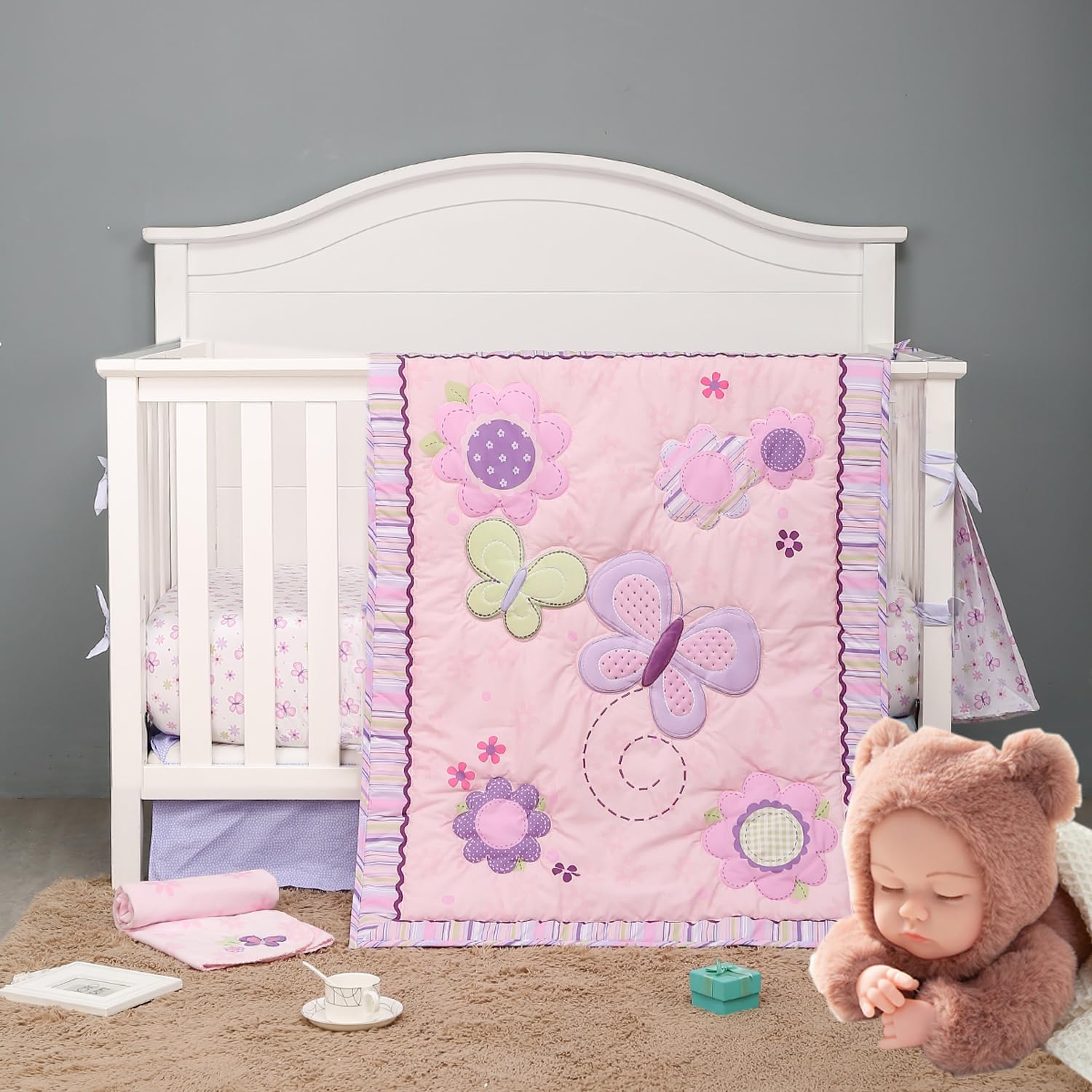 6 PCs Pink Butterfly Nursery Crib Bedding Set Baby Girl Embroidery Butterfly Cot Bedding Set