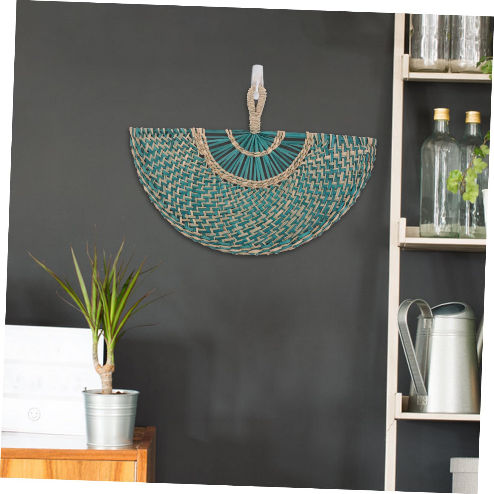 Abanico Tejido a Mano de Paja Natural Verde Semicircular para Decoración de Pared Estilo Bohemio y Rústico Función Colgante Adecuado para Verano