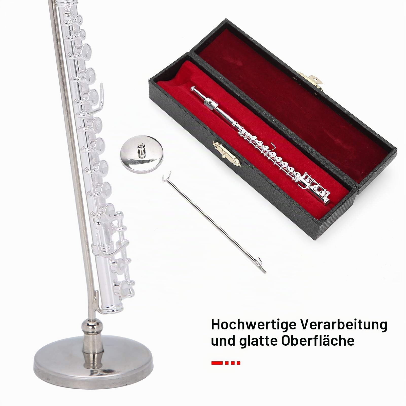 Miniaturflöte mit Ständer, Kupfer Miniaturflöte Flöte Musikinstrument, Mini Flöte Modell mit Ständer und Koffer für Instrumentenmodell Zubehör Geschenk Musikliebhaber