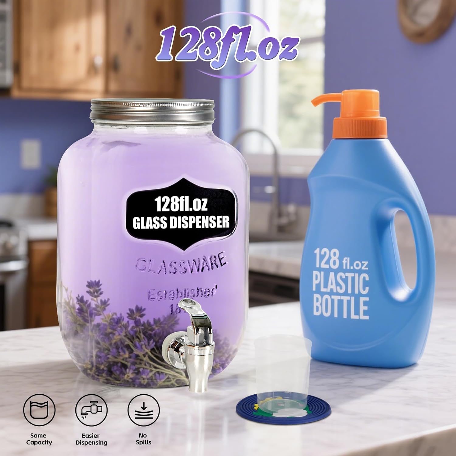 2-Pack 1.25 Gallon Glass Laundry Detergent Dispensers with Stainless Steel Faucets - Effortless Pouring, with Screw Lid, Stand, and Rubber Drip Mats for Fabric Softener & Laundry Soap