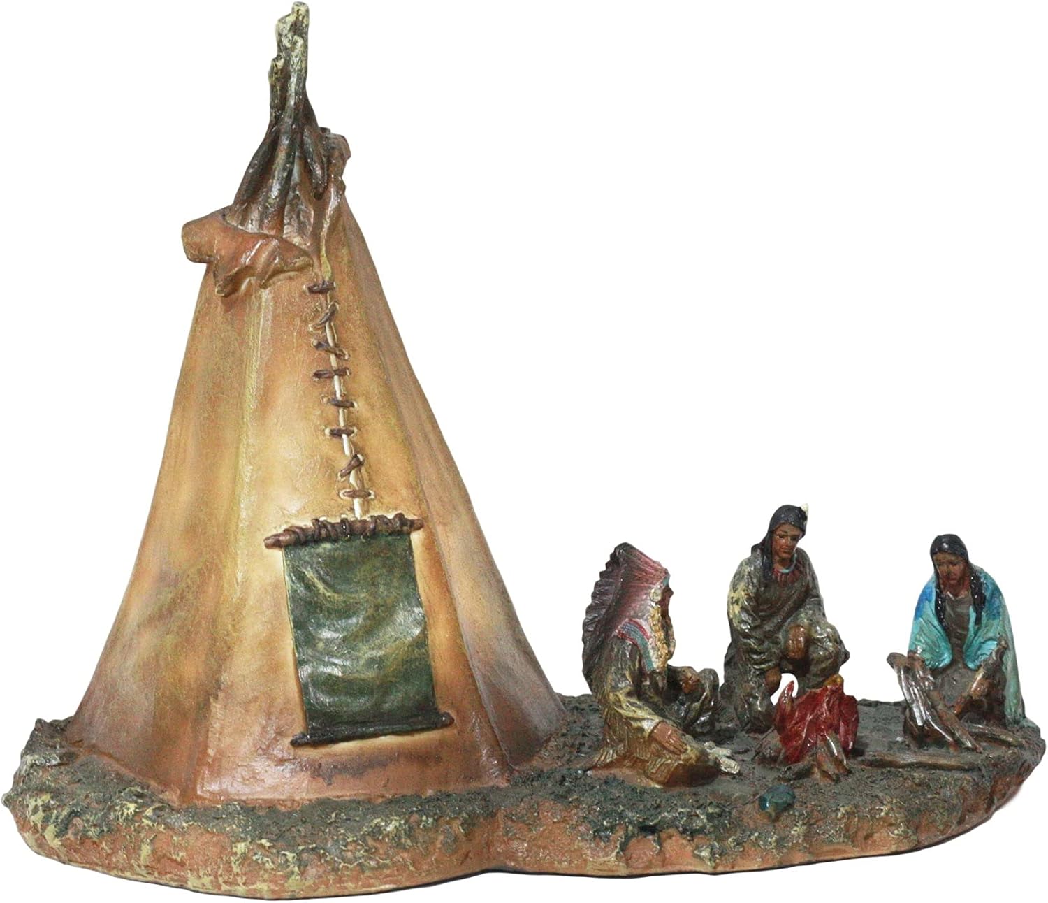Ebros Native American Indian Tribal Chief and Elders Building Fire by LED Light Tipi Tent Statue Courtesy Night Light Figurine Tribal Indian Camp Scene