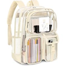 Clear Backpack for Stadium Events, Heavy Duty PVC Transparent Bookbag | Reinforced Strap, Large Capacity See Through Clear Bag for College Concerts Sport Work Security Travel, Beige