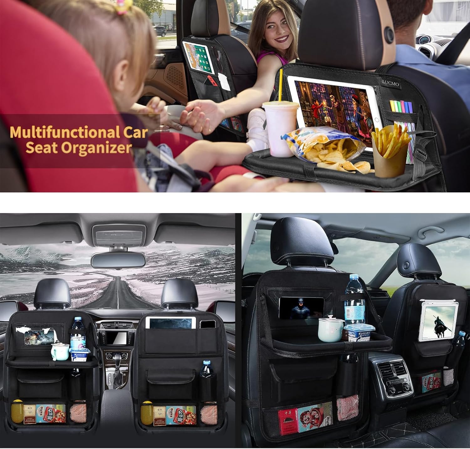 Organizador Asiento Coche Niños, Organizador para Coche con Comedor Poseedor Bandeja, Multi-Bolsillo de Protector Asiento Coche Respaldo, para Facilitar El Almacenamiento iPad Tablet