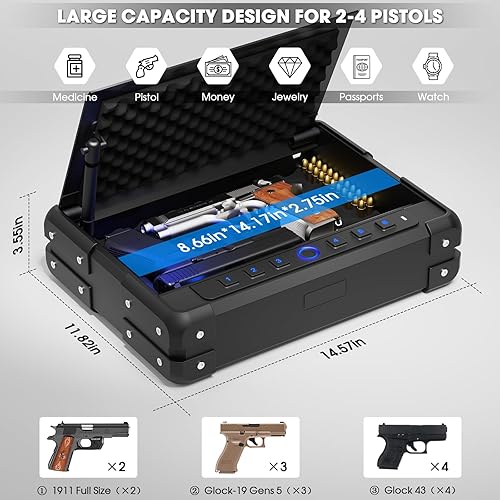 Miniatura 4 de Caja fuerte biométrica mejorada de 14 libras para 3-4 pistolas, acceso rápido con puerto USB-C y teclado digital retroiluminado, caja fuerte