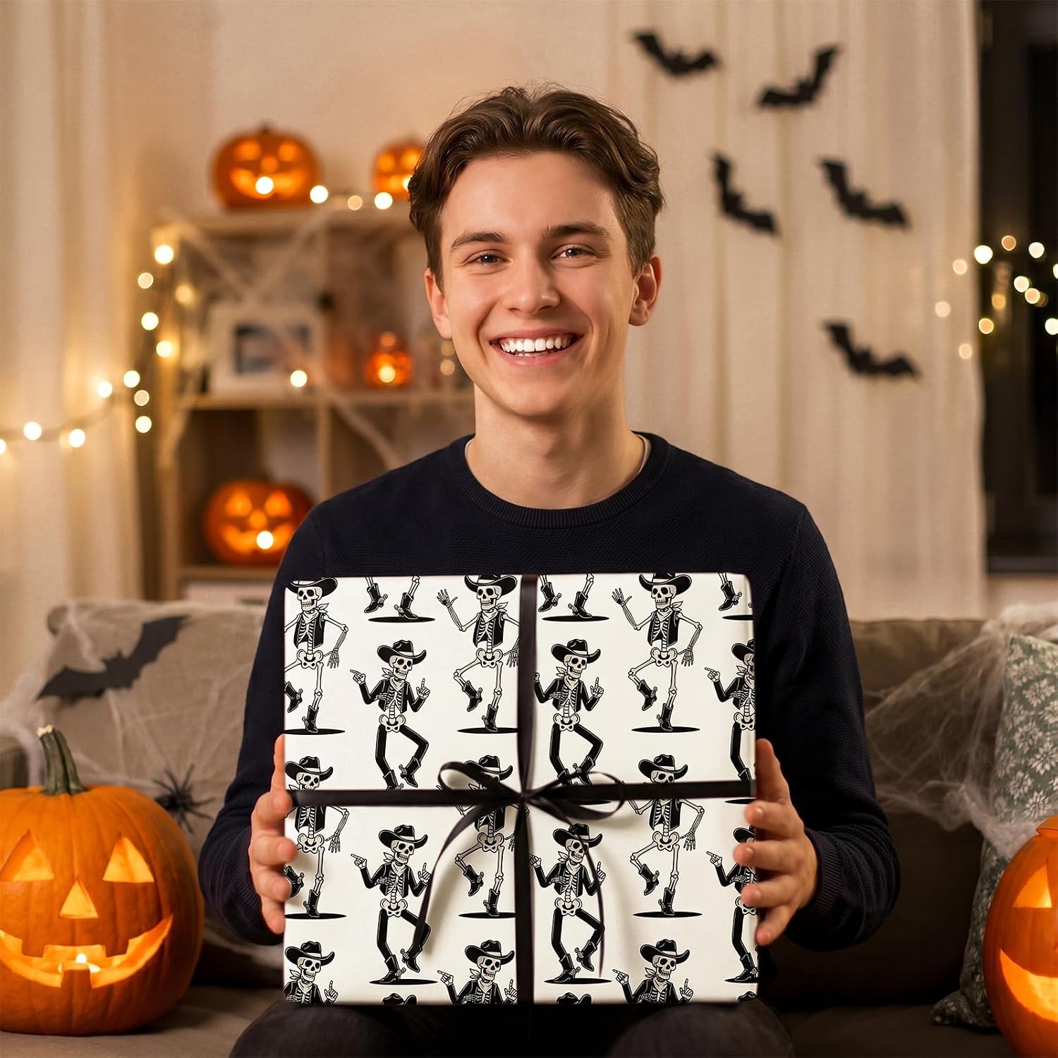 RUSPEPA Funny Halloween Wrapping Paper Roll, Mini Roll, Western Cowboy Dancing Skeleton Design Vintage Gift Wrap for Halloween, Birthday, Party, Novelty Gifts, 17 Inches x 16.4 Feet image 5