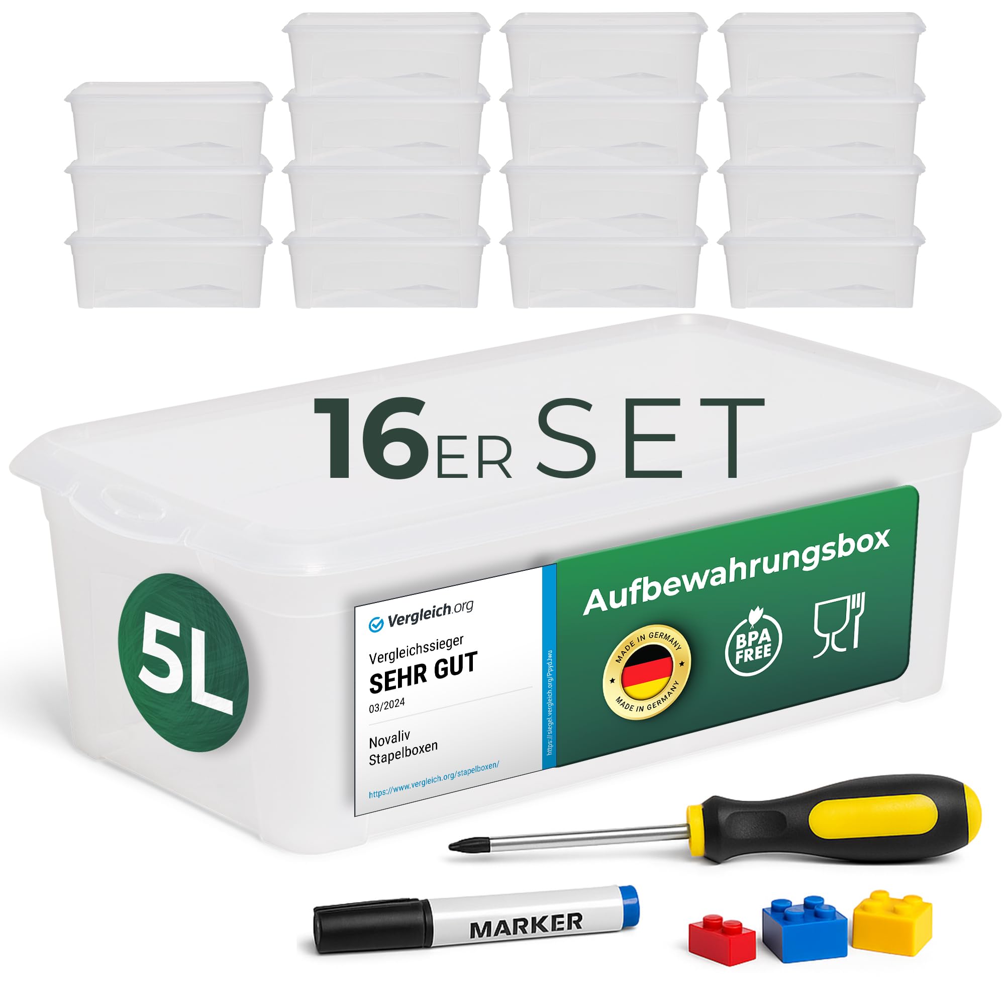 Novaliv 16x Aufbewahrungsboxen mit Deckel 5L transparente Boxen stapelbare Nestbar Storage boxes mit Clipverschluss Kunststoff BPA-frei 34x19x11 cm