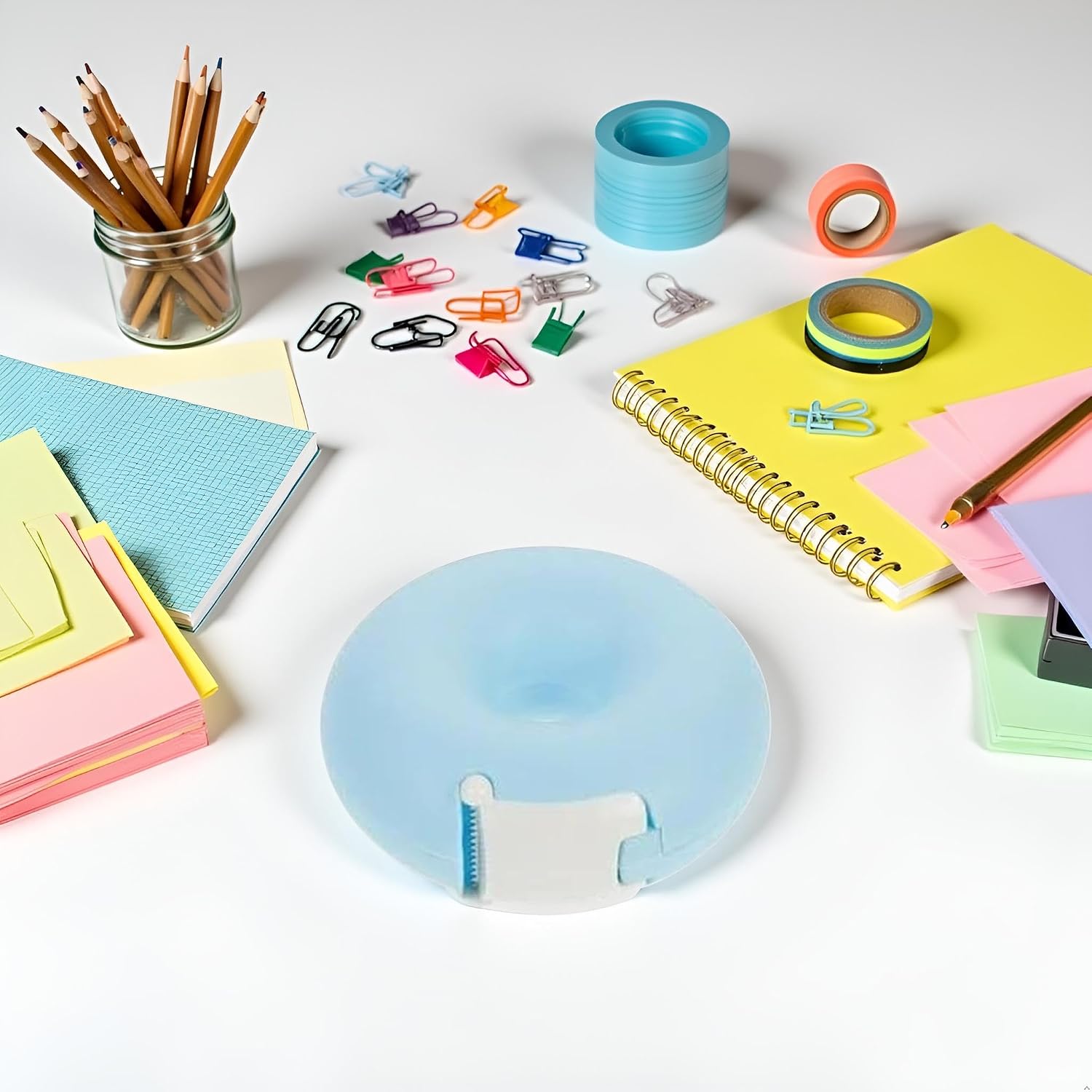 1Pc Blue Tape Dispenser, Donut Shape Candy Color Tape Dispensers Donut Invisible Tape Cutter Tape Organizer Portable Roll Tape Holder for Office School Supply image 3