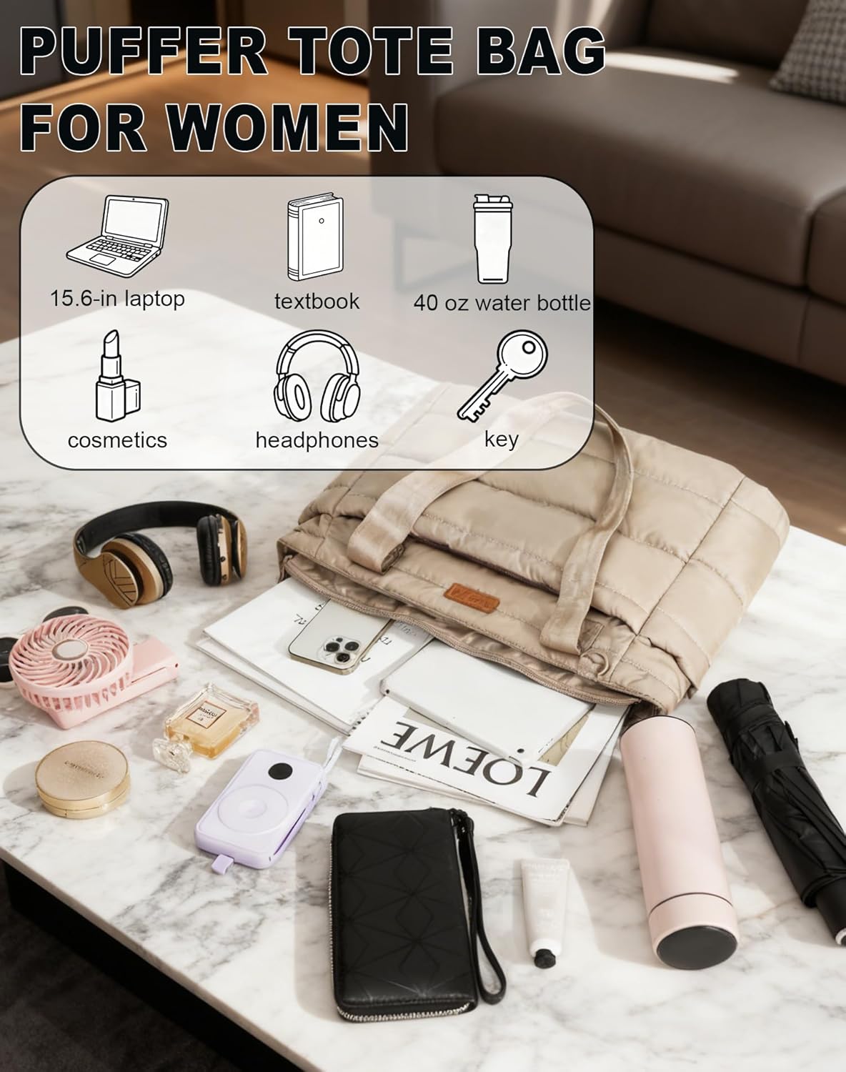 Quilted Puffer Tote Bag for Women, 21L Work Hobo Tote, Lightweight Travel Shoulder Bag for Nurses/Commuters | 16" Laptop Sleeve, Foldable Design, Cup Holder Pocket, Daily Carry On Bags - Image 8