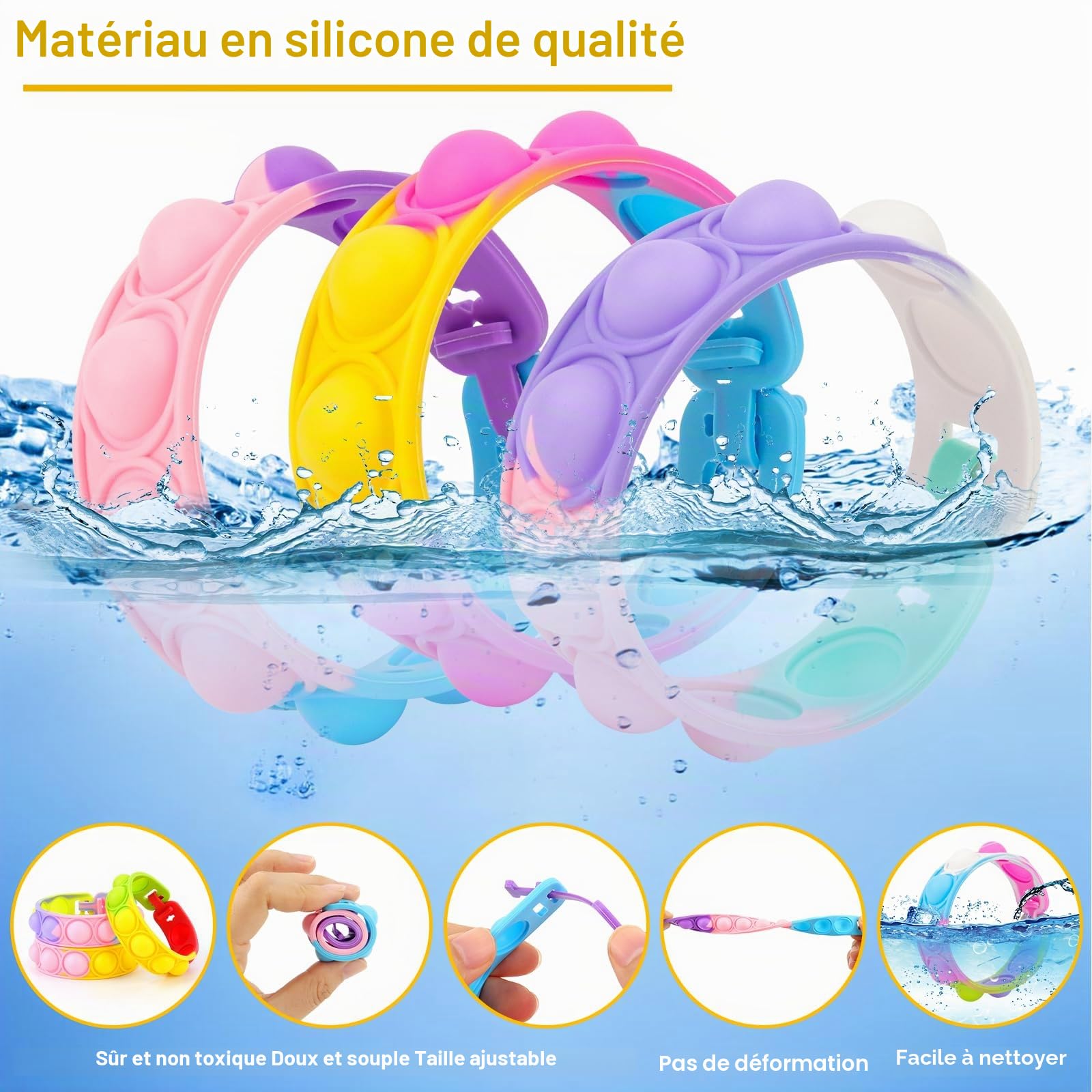 Bracelet Enfants Réglable en Silicone Doux, 30 Pièces, 15 Couleurs, Cadeau Anniversaire