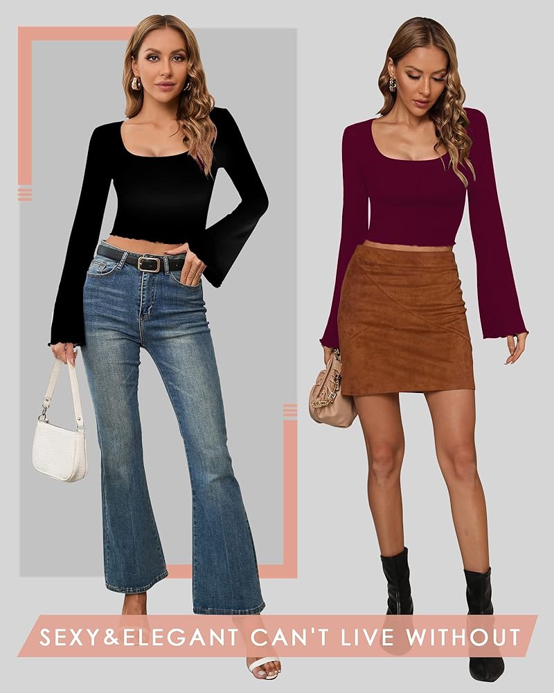 CLOZOZ Bell Sleeve Crop Tops for Women Square Neck Long Flare