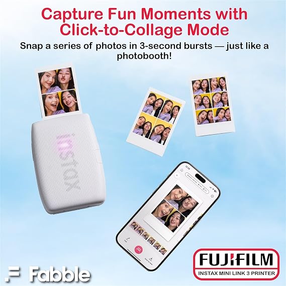 Fujifilm Instax Mini Link 3 Smartphone Printer with Instax Mini Films and Pixibytes Microfiber Cleaning Cloth (2 x Twin Pack (40 Sheets), Clay White)