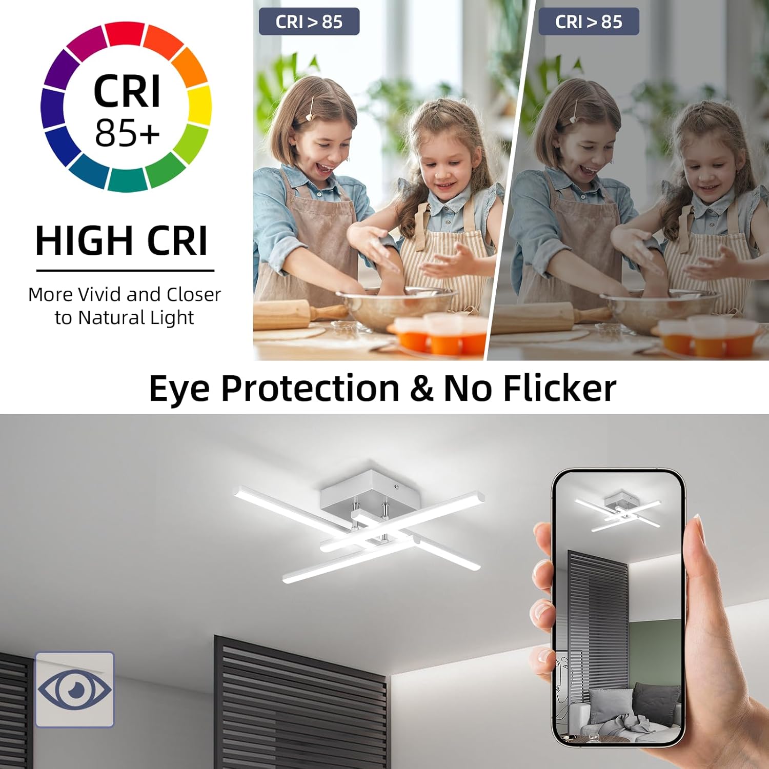 ElDISUNY Modem LED Ceiling Light, 24w Sputnik Ceiling Light Fixture, 6500K Cool White Flush Mount Ceiling Light Fixture for Bedroom Hallway Living Room Dining Room Coridor Kitchen(Sllver)