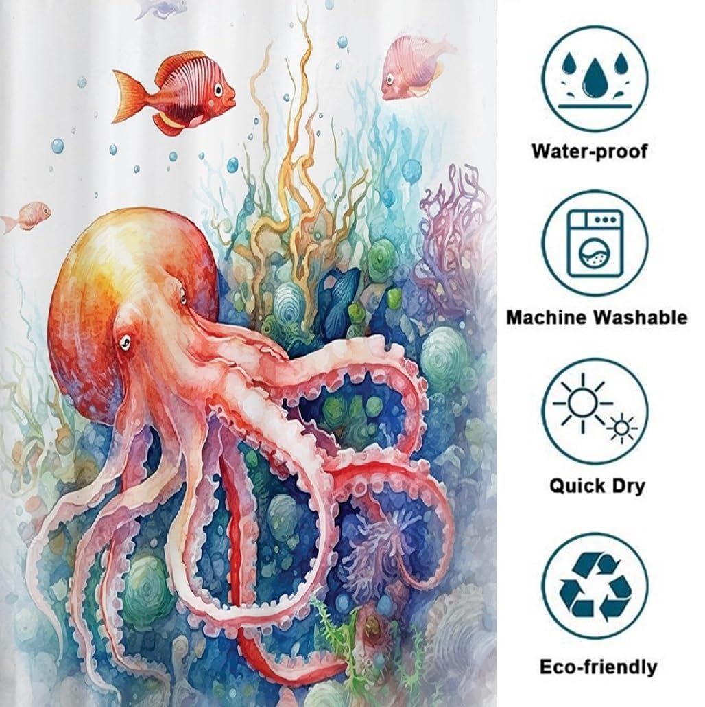 goodbath Octopus Shower Curtain 200cm drop, Watercolor Deep Ocean Sea Waterproof Fabric Bath Curtains for Bathroom Bathtub 180 x 200cm - Image 4