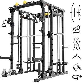 ToughFit F4 Smith Machine, Power cage with Adjustable Cable Crossover System, All-in-One Squat Rack Training Equipment for Home Gym
