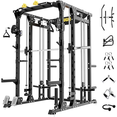 ToughFit F4 Smith Machine, Power cage with Adjustable Cable Crossover System, All-in-One Squat Rack Training Equipment for Home Gym