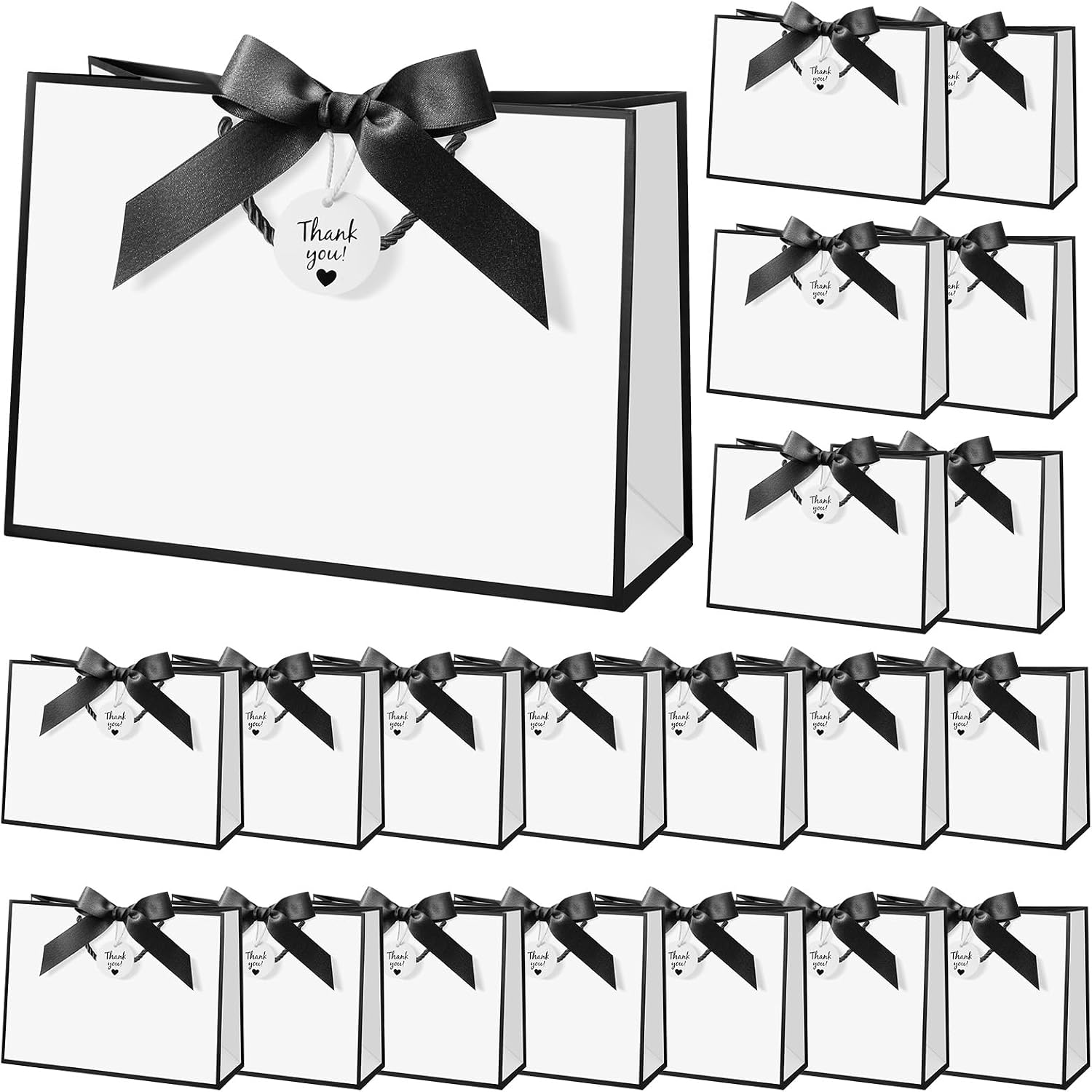 Locmeo 20 Sets Large Black and White Gift Bags with Thank You Cards, 11 x 4 x 8 Inch Paper Gift Wrap Bags with Bow Ribbon and Handle for Wedding Birthday Party Baby Shower Holiday(Black and White)