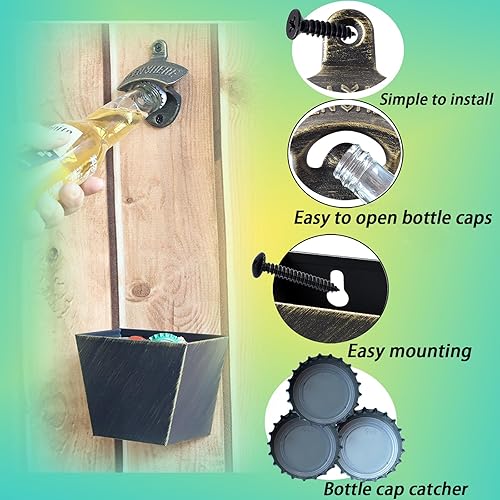 Miniatura 3 de HAIICEN Abridor de botellas de cerveza de bronce antiguo montado en la pared con tapa atrapa aberturas de drenaje al aire libre (paquete de 2)