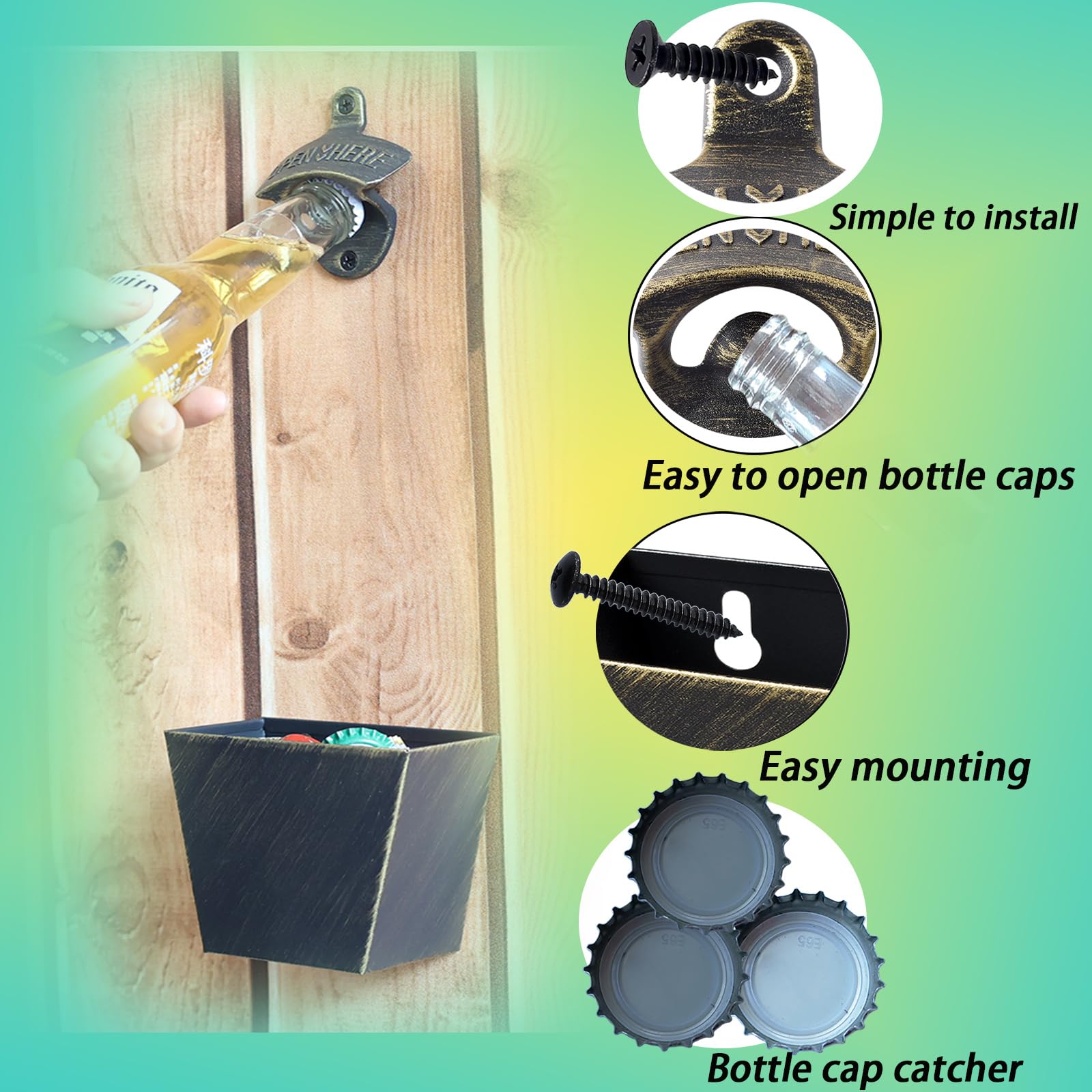 Abridor de botellas de cerveza de acero inoxidable de bronce antiguo montado en la pared con aberturas de drenaje para atrapa tapas al aire libre (paquete de 2)