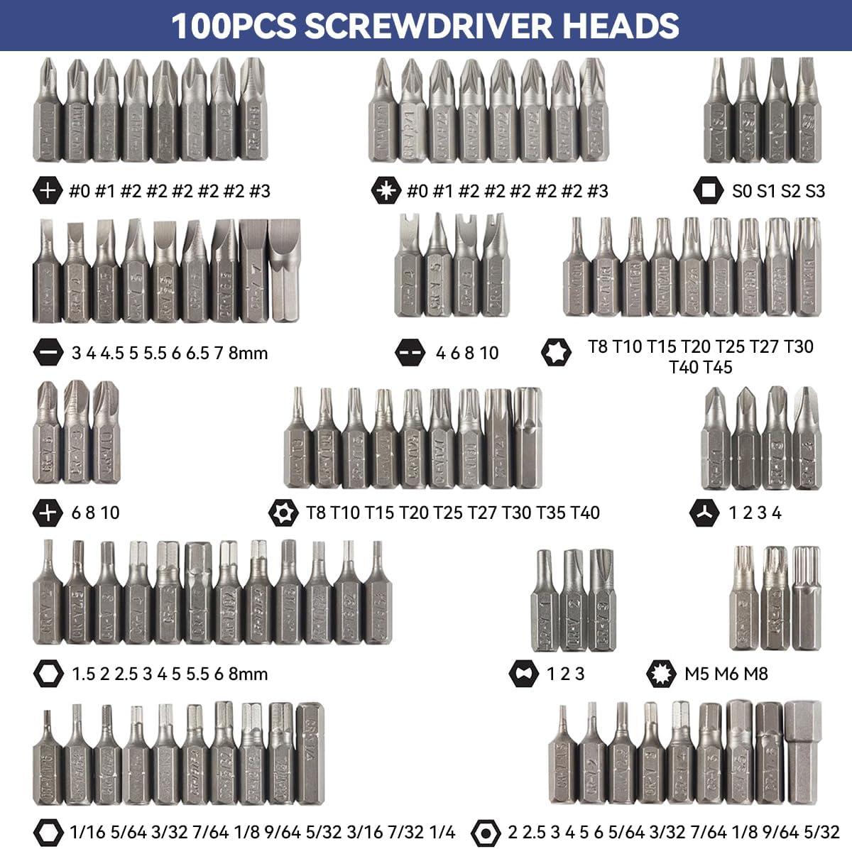 Serplex® 100Pcs Screwdriver Bit Kit Cr-V Steel 1/4-inch Adapters Phillips Slotted Hex Torx Star Tamperproof Pozi Square Spanner Torque Tri-Wing Clutch Spline Wing Nut, Security Torx Bit Set