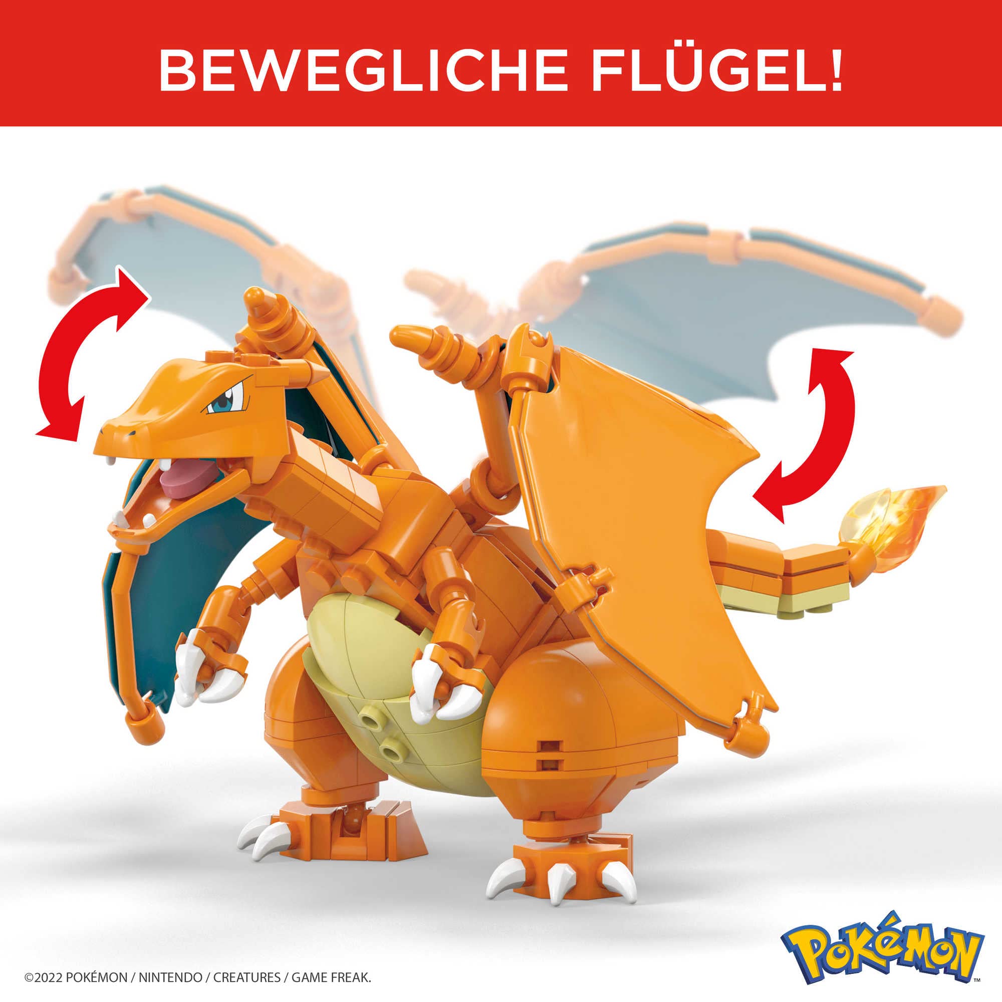 Mega Pokémon Glurak, Figur zum Zusammenbauen, 223 Bausteinen, mit beweglichen Flügeln und Pokéball-Stift, Pokémon Spielzeug, ab 6 Jahre, GWY77