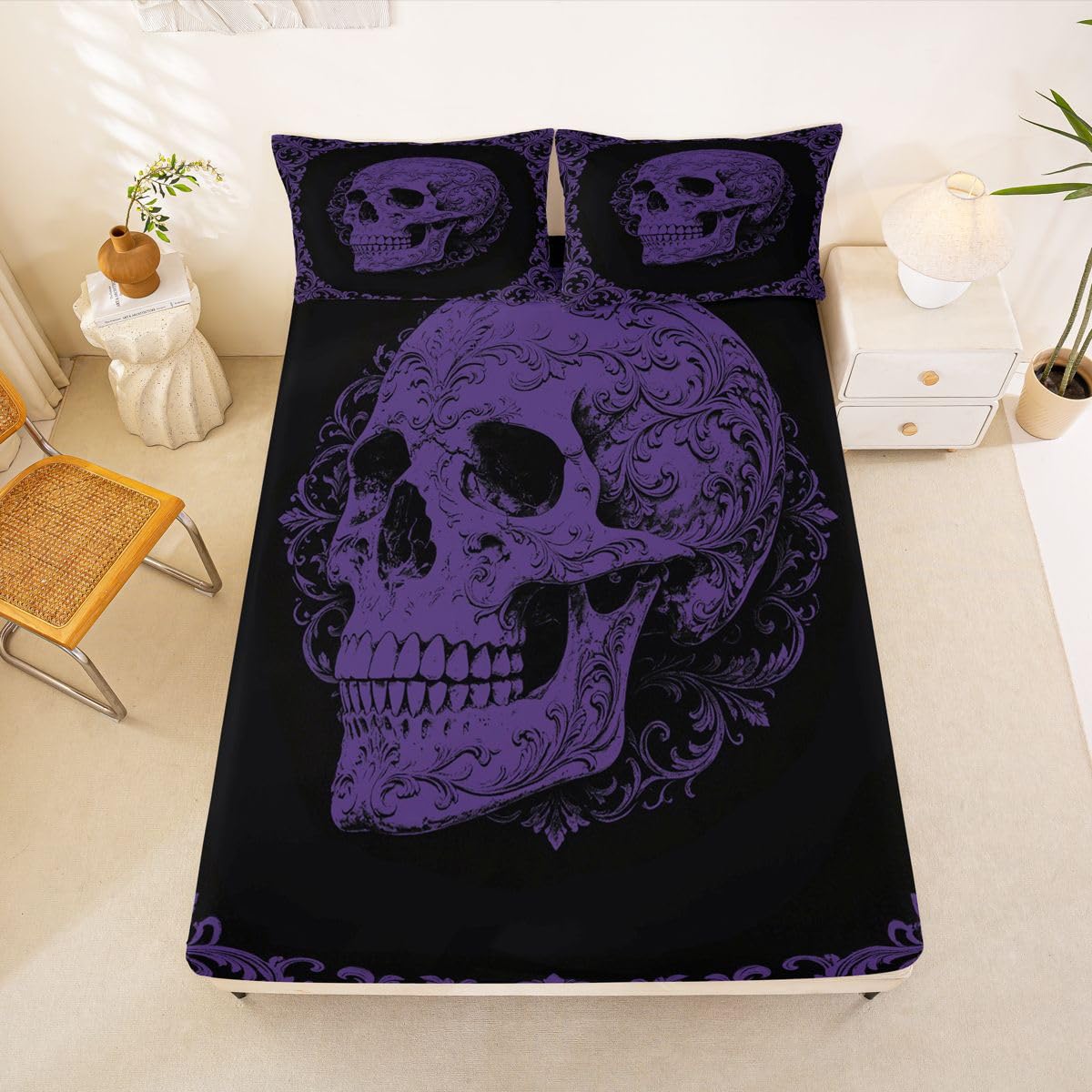 Homemissing Sábana bajera ajustable de Halloween con 2 fundas de almohada, tamaño King, diseño de calavera, sábana bajera ajustable de 16 pulgadas de profundidad, ropa de cama gótica para niños y