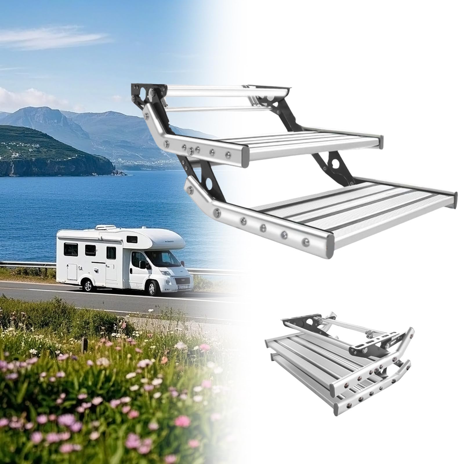 Dolny Składany Ręczny Stopień Wejściowy Drzwi RV, Stopnie Kampera Na Ciężarówkę, Składane Schody Kampera Ze Stopu Aluminium, Mocna Sprężyna, Napięcie Oświetlenia 12 V Double-layermanual