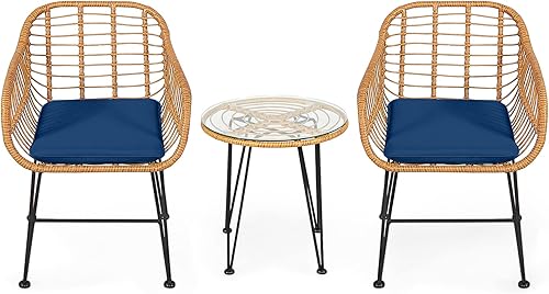 Miniatura 9 de Tangkula Juego de 3 piezas de patio bistró, juego de conversación de ratán con 2 sillones acolchados y mesa de centro redonda de cristal, juego de