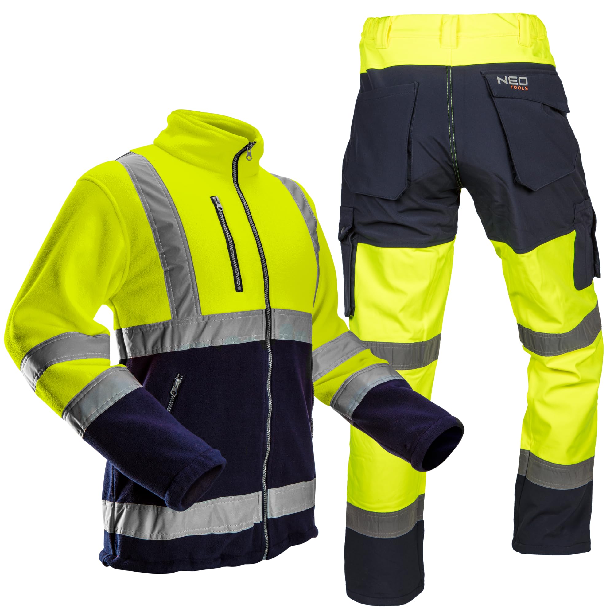 NEO TOOLS Herren Set Warnschutz-Arbeitshose + Arbeits Fleece Jacke | Hose wasserfest (Wassersäule 8000 mm) Hose aus Softshell mit Fleece-Innenfutter, Gelb, S-2XL