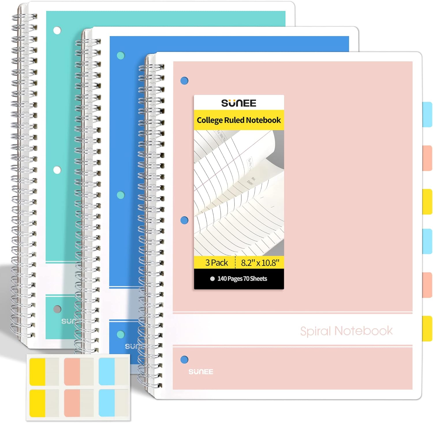 SUNEE Spiral Notebooks College Ruled, 3 Pack, 8.2"x10.8