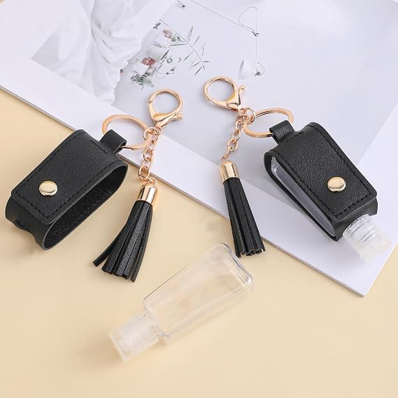 2Pcs Hand-Sanitiser Holder Keychain 30ml/1oz, Portable Handwashing Refillable Travel Bottles with Keychain Clip on Keychains Travel Containers Squeeze Bottles for Toiletry Lotion Liquid Soap (Black)