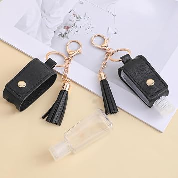 2Pcs Hand-Sanitiser Holder Keychain 30ml/1oz, Portable Handwashing Refillable Travel Bottles with Keychain Clip on Keychains Travel Containers Squeeze Bottles for Toiletry Lotion Liquid Soap (Black)
