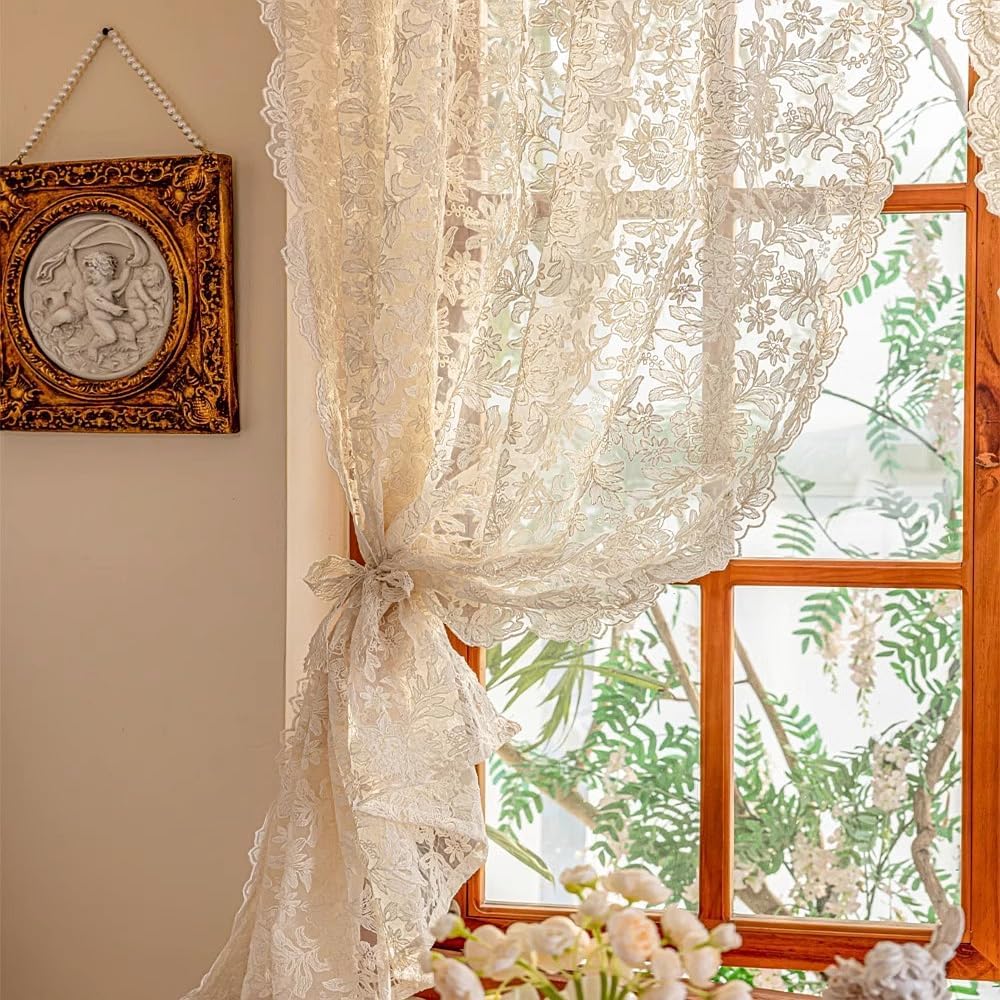 Victorian Beige 3D Floral Knitted Woven Lace Sheer Curtain Valance for Kitchen Small Window Princess Style Embroidery Romantic Rose Voile Drapes Rod Pocket 2 Panels (Beige,W51xH63 inch)