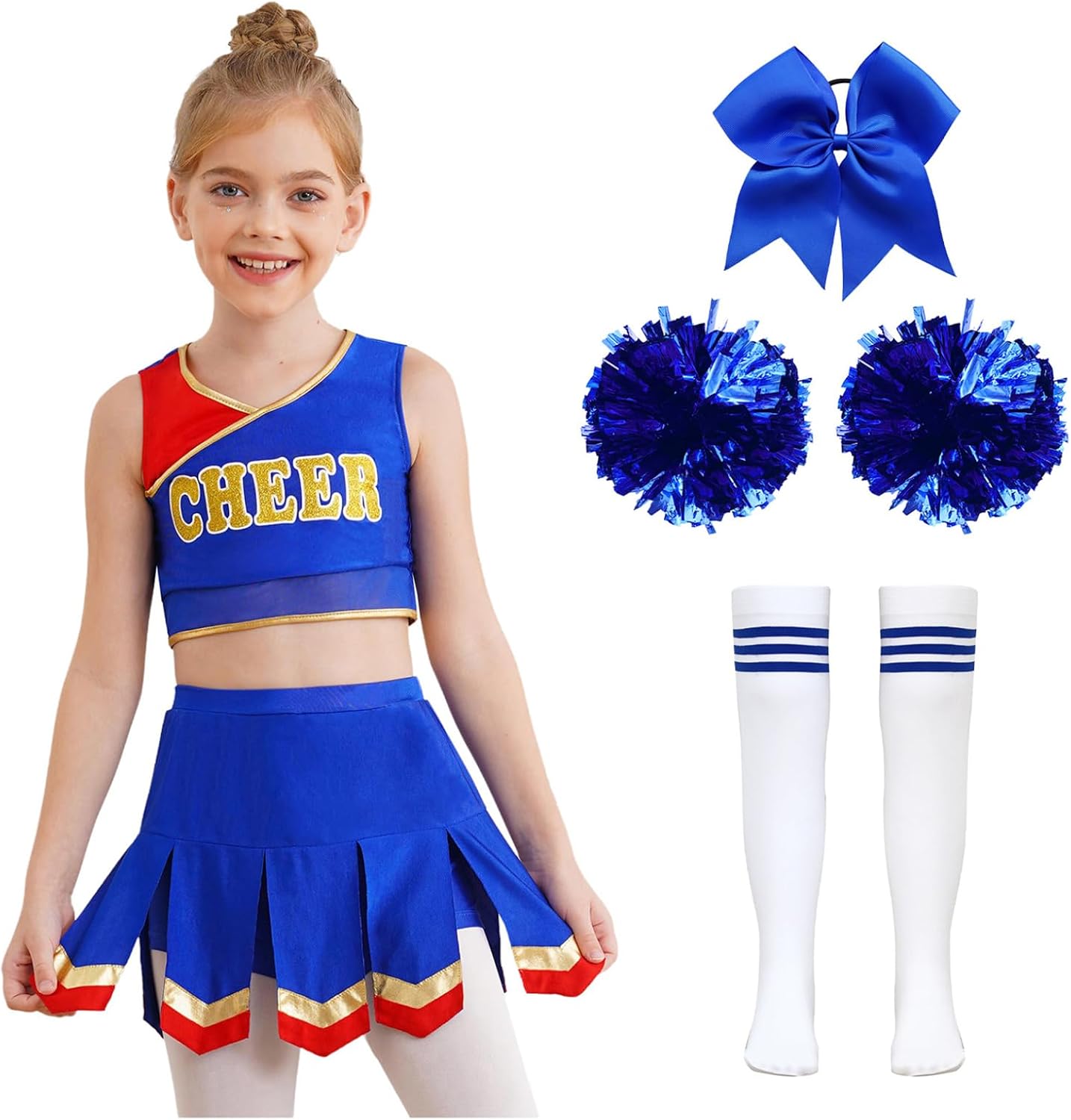Kids Girls Cheer Leader Outfit 3 Piece Set Sleeveless Top with Pleated Skirt and Pompom Socks