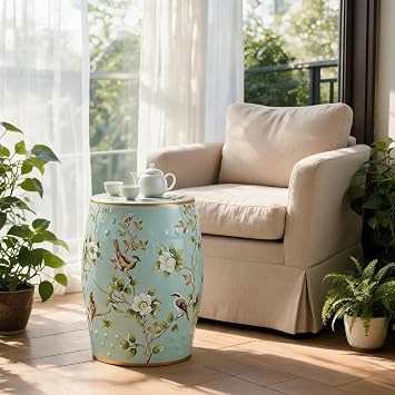 Decorative Chinoiserie Stool for Outdoor Side Table Glazed Hand-Painted,Ceramic outdoor table,Suitable for Living Room,Patio,Garden,Balcony(Silver)