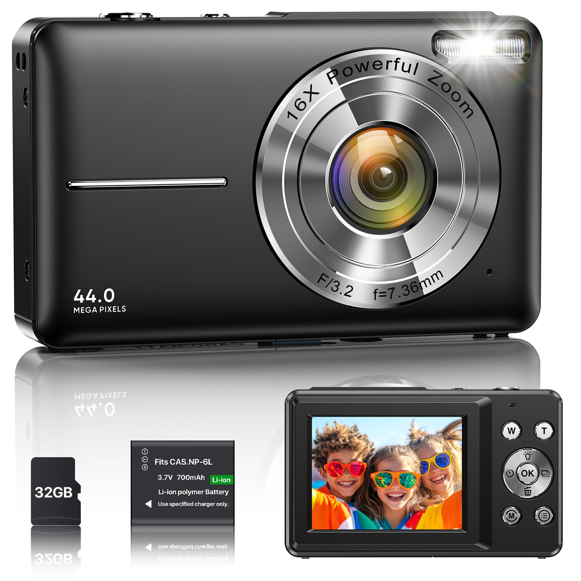 Digitalkamera 1080P 44MP Vlogging Kamera für Kinder Jugendliche, FHD Kompaktkamera Fotokamera mit 2,4