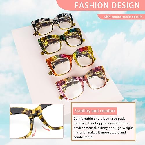 Miniatura 5 de KoKoBin Paquete de 4 elegantes lentes de lectura de ojo de gato con marco grande para mujer, lectores retro de gran tamaño, bloqueo de luz azul