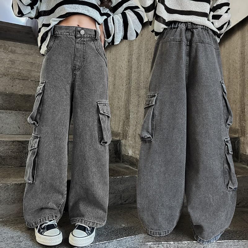Girls Baggy Jeans Kids Y2K Streetwear Trendy High Waisted Straight Wide Leg Denim Cargo Pants with Multi Pockets4