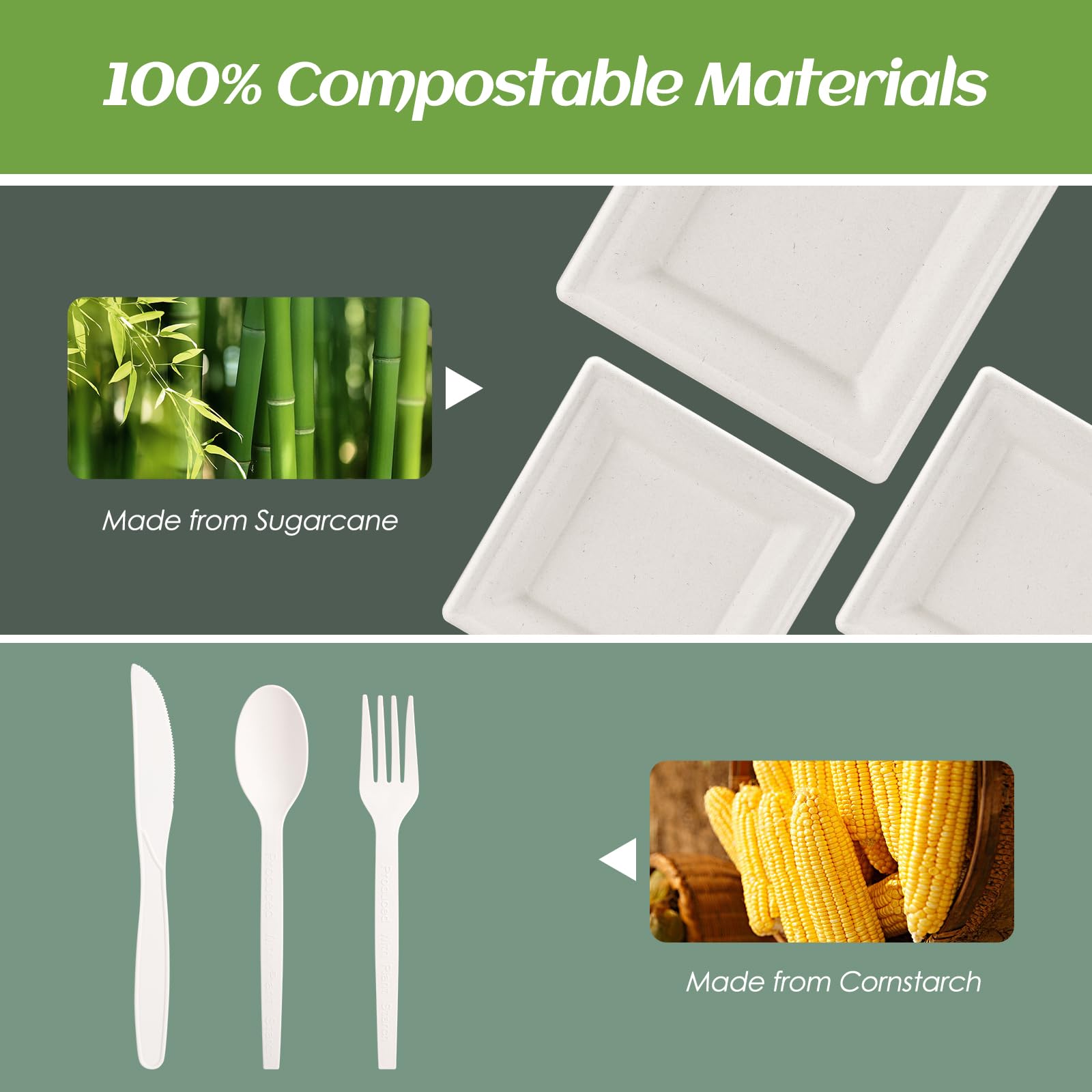 Set di piatti di carta usa e getta compostabili, 300 pezzi, 25,4 cm, 20,3 cm, resistenti, biodegradabili, piatti quadrati e cucchiai, forchette, coltelli, tovaglioli, ecologici, per feste
