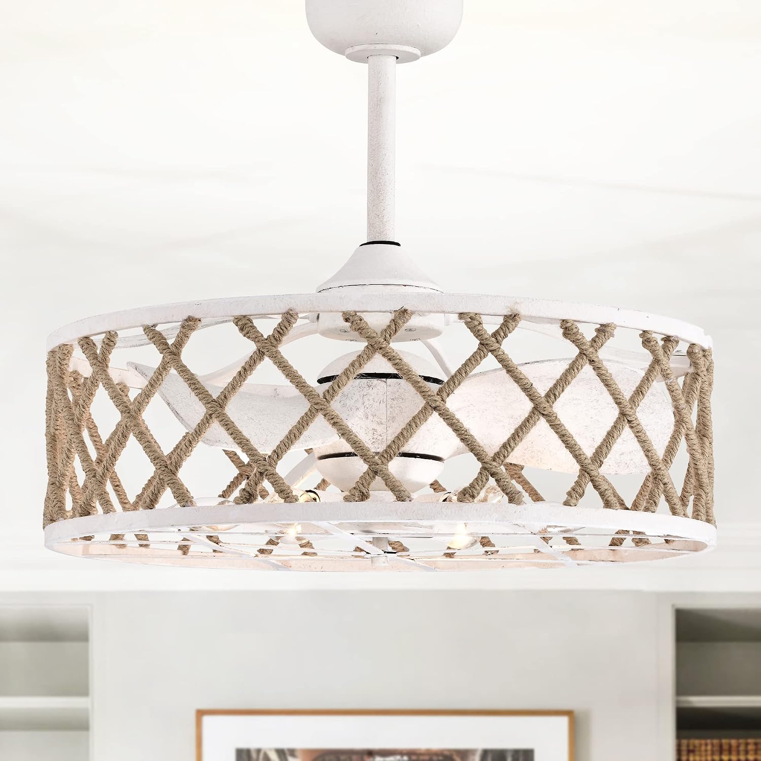 Warehouse of Tiffany Shaunda 25 Inch Scandinavian Rope Details Fandlier 6 Light with Remote