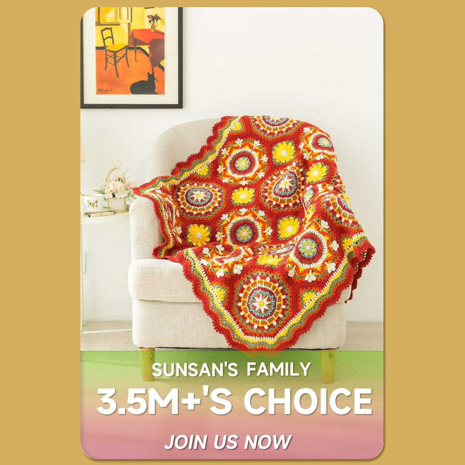 Susan's Family Blanket Crochet Kit for Upper Level w Pattern&Video Tutorials, Christmas New Year Handmade Gift, Byzantine-Style, Ravenna Patchwork Blanket (Aurora Red)