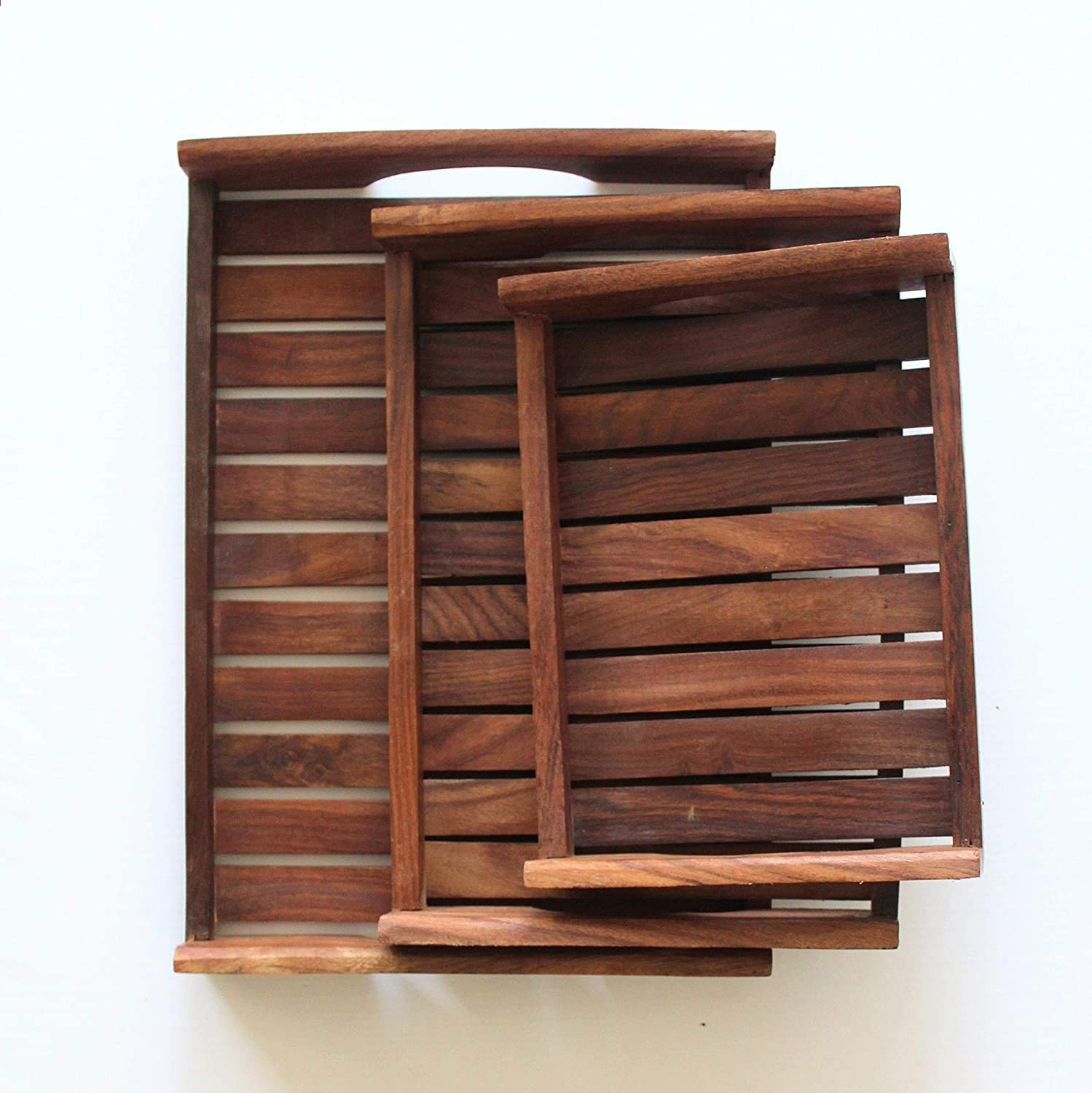 PR INTERNATIONAL Wooden Handmade Serving Tray Set of 3, for Tea, Coffee, Snacks Kitchen and Dining Table