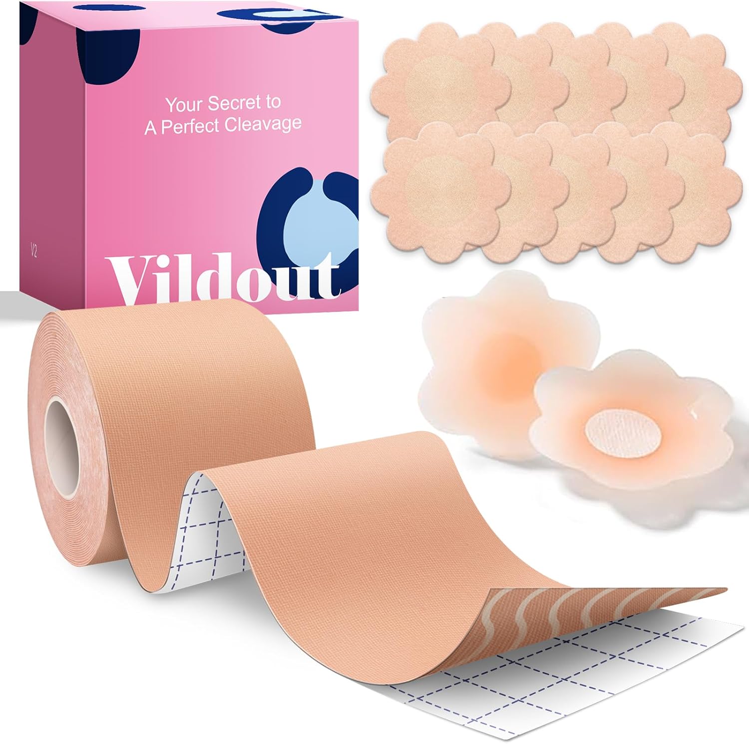 Boob Tape Kit - Boobtape for Breast Lift with Petals and Covers, Breathable Sticky Adhesive Bra Tape, Push Up Boobytape for Large Breasts A-G Cup Beige