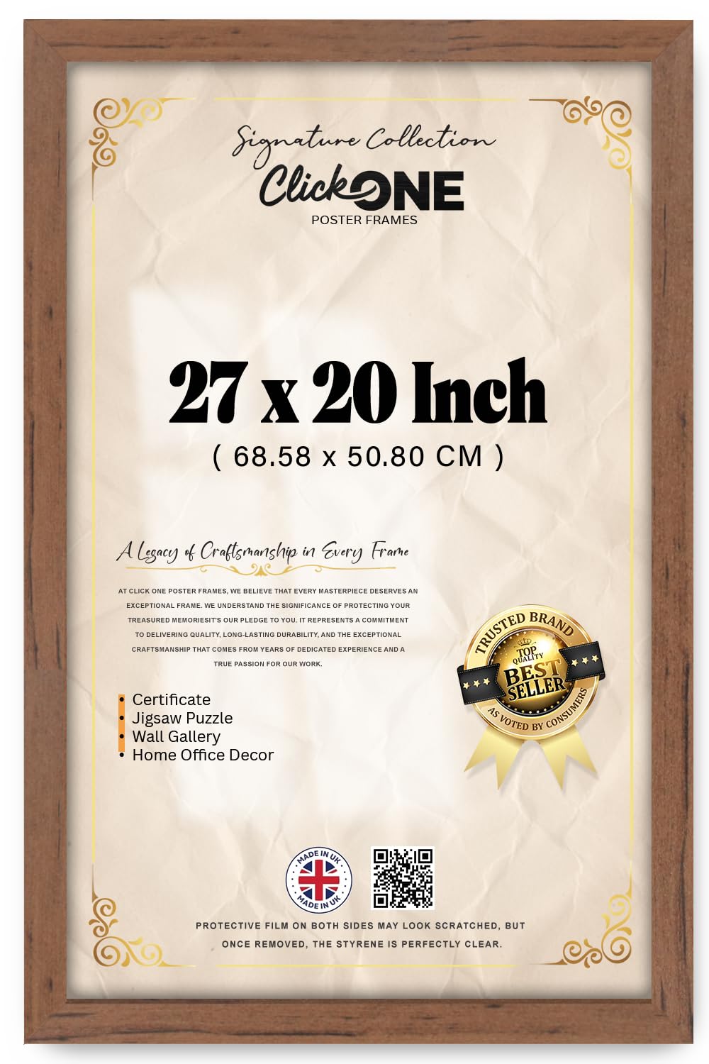 Click One Walnut Photo Frame 27 x 20 Inches Poster Display with UV Protection Acrylic Hanging Hardware for Wall Mounting Display Picture Vertically or Horizontally MDF backboard