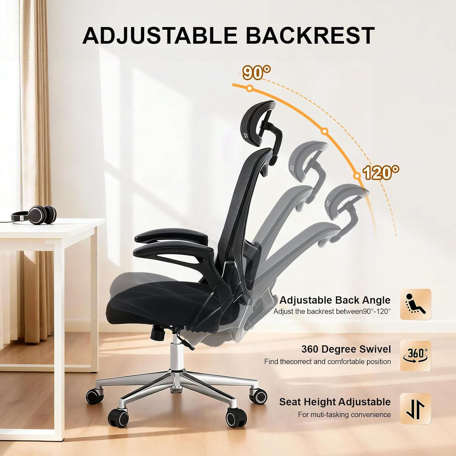 Office Chair,Home Desk Office Chair for Comfortable Home Office and Study, High Back Mesh Computer Chair with Adjustable Lumbar Support, Headrest and Armrests (Black, 4007)