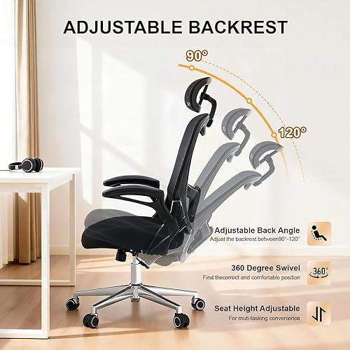 Miniatura 4 de Silla de oficina ergonómica, silla de escritorio de malla con respaldo alto y soporte lumbar ajustable, reposacabezas y reposabrazos, capacidad de