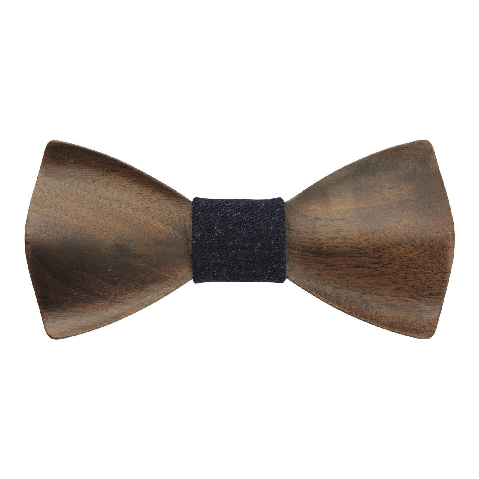 Angie Wood Creations Adult-Sized Wooden Bow Tie with Adjustable Satin Neckband with Blue Denim Center