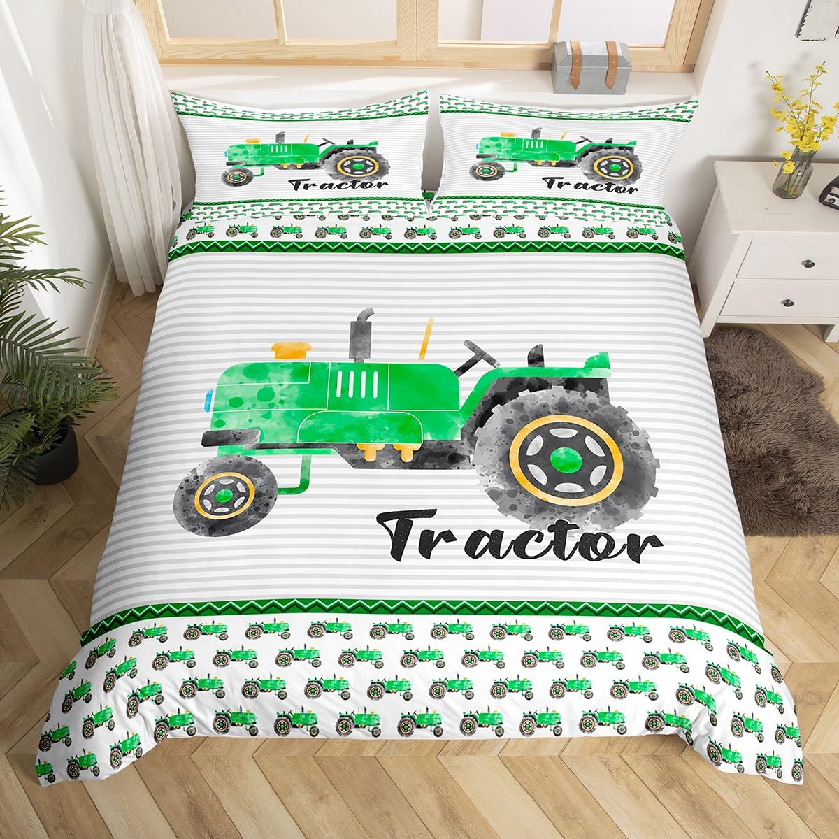Manfei Green Tractor Kids Duvet Cover Set King Size, Cartoon Truck Grey Stripes Comforter Cover, Construction Car Bedding Set for Boys Girls Bedroom Decor, Lightweight Bedspread Cover, 2 Pillowcases — image 1