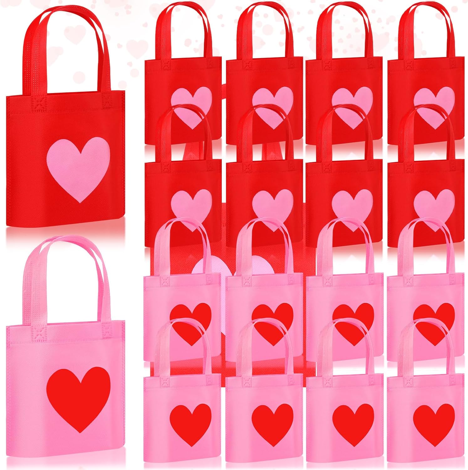PerKoop 48 Pcs Reusable Valentines Gift Bags Heart Themed Goodie Candy Bags with Handles Non Woven Snack Wrapping for Business Shopping Retail Holiday Wedding Party Gift Supply Favor (Red,Pink)