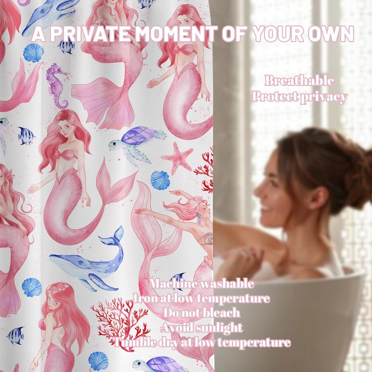 Mermaid Shower Curtain Pink Ocean Girls Shower Curtains for Girly Preppy Bathroom Decor Sets, Waterproof Cloth Fabric with Hooks, 70x72 Inch