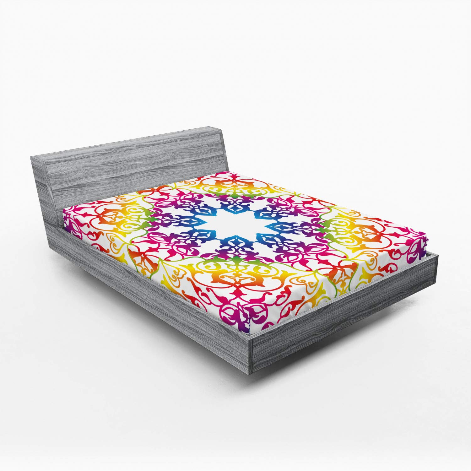 Ambesonne Ethnic Fitted Sheet, Abstract Ombre Vivid Rainbow Colored Mandala Tie Dye Effect Flower Kids Hippie Print, Bed Cover with All-Round Elastic Deep Pocket for Comfort, King Size, Purple Blue